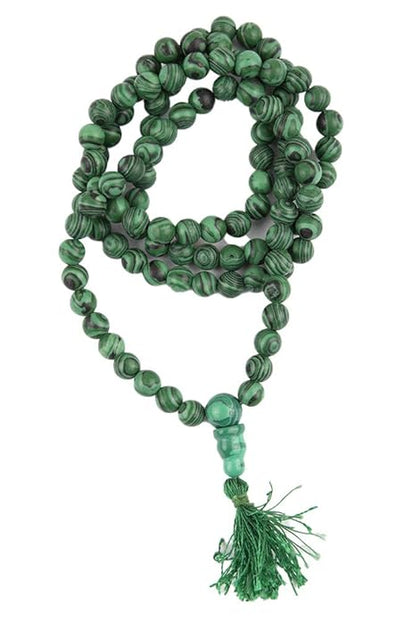 Natural Malachite Stone Mala Necklace | Green Healing Beads Mala with Tassel | Meditation, Yoga & Spiritual Jewelry