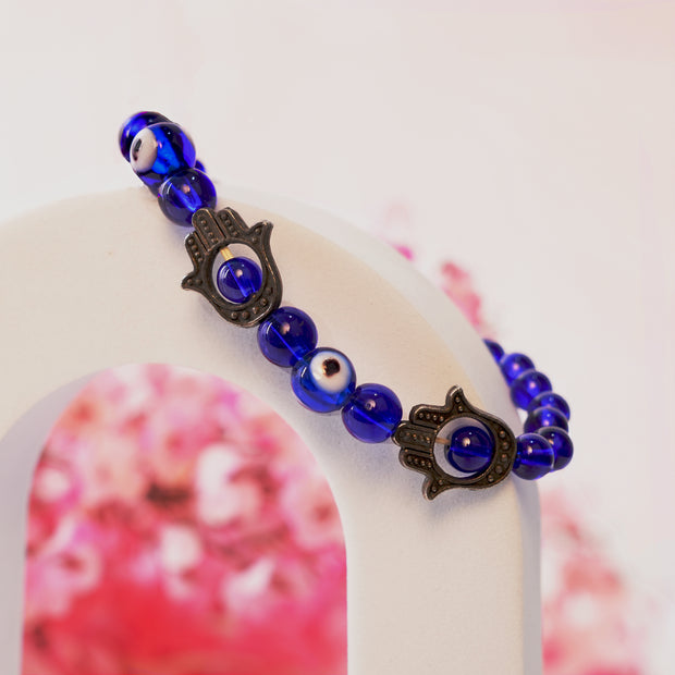 Blue Evil Eye Beaded Bracelet with Hamsa Charm – Protection & Spiritual Energy Jewelry