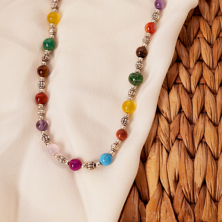 Multi-Gemstone Beaded Necklace with Silver Accents – Healing & Chakra Energy Jewelry