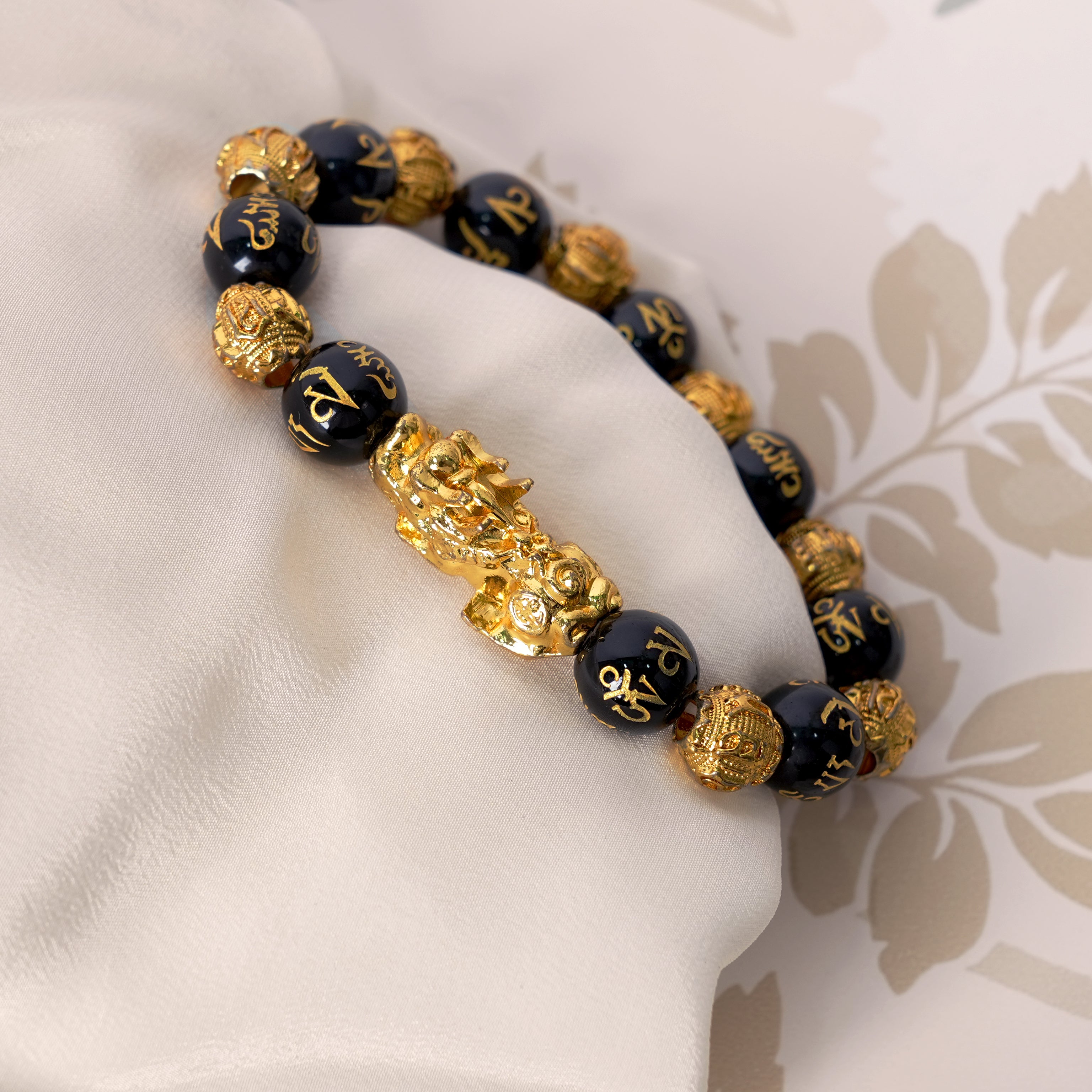 Golden Mani Man“Black Onyx Beaded Bracelet with Gold Pixiu Charm – Protection, Wealth & Spiritual Energy Jewelrytra Pi Xiu Prosperity Bracelet