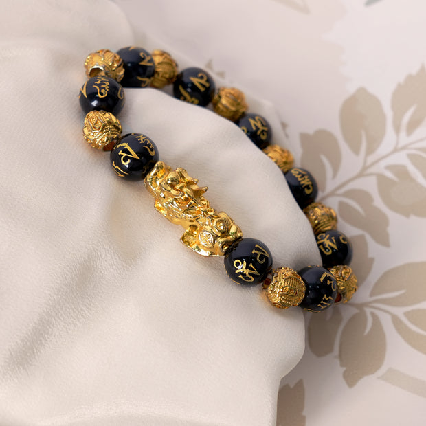 Golden Mani Man“Black Onyx Beaded Bracelet with Gold Pixiu Charm – Protection, Wealth & Spiritual Energy Jewelrytra Pi Xiu Prosperity Bracelet