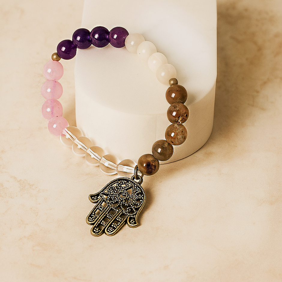 Multi-Gemstone Beaded Bracelet with Hamsa Hand Charm – Protection, Healing & Positive Energy Jewelry
