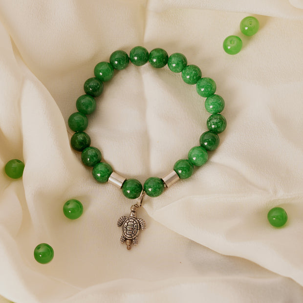 Green Jade Beaded Bracelet with Turtle Charm – Healing, Prosperity & Protection Jewelry