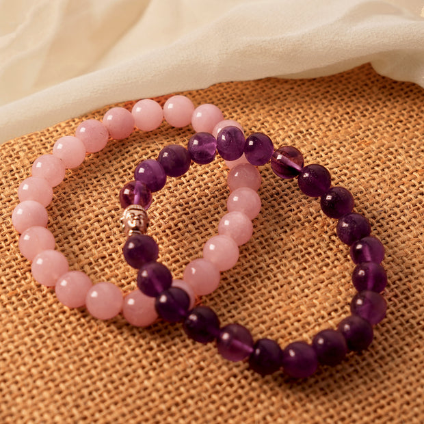 Natural Rose QuRose Quartz & Amethyst Beaded Bracelets – Healing, Love & Spiritual Energy Jewelryartz and Amethyst Crystal Bead Bracelet Set - Spiritual Healing Jewelry with Silver Buddha Charm - Calming Gemstone Energy Bracelets for Men & Women