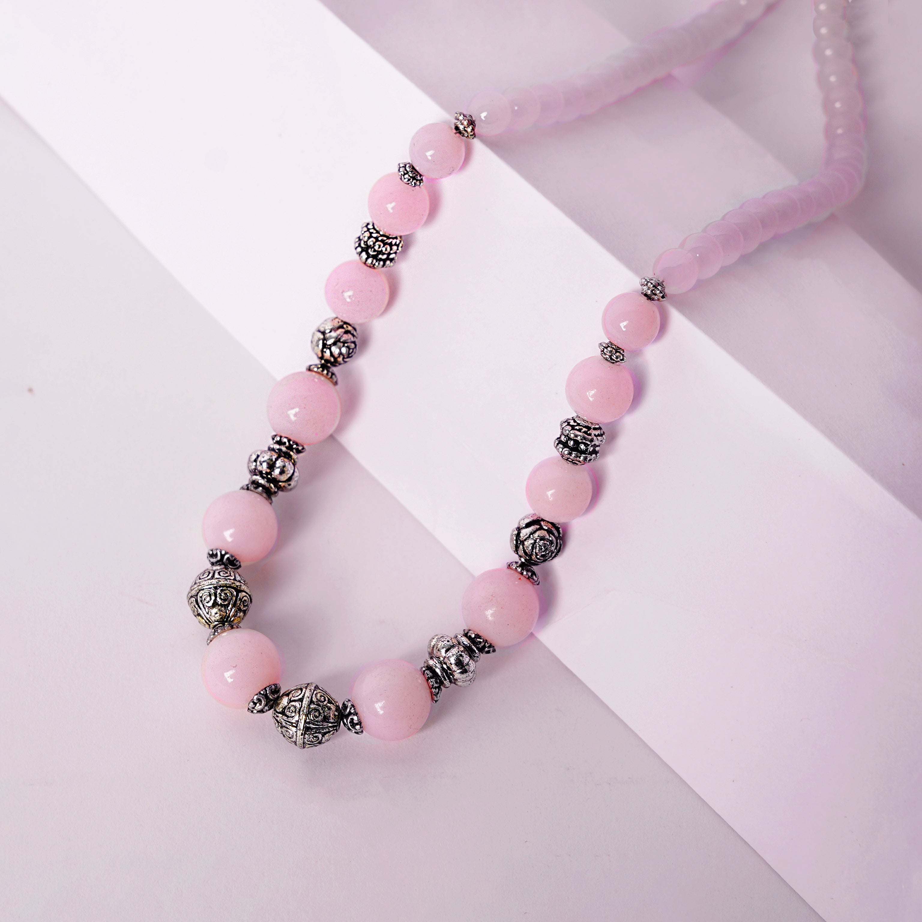 Rose Quartz Beaded Necklace with Silver Accents – Healing & Love Energy Jewelry