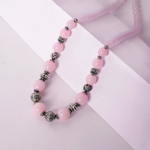 Rose Quartz Beaded Necklace with Silver Accents – Healing & Love Energy Jewelry