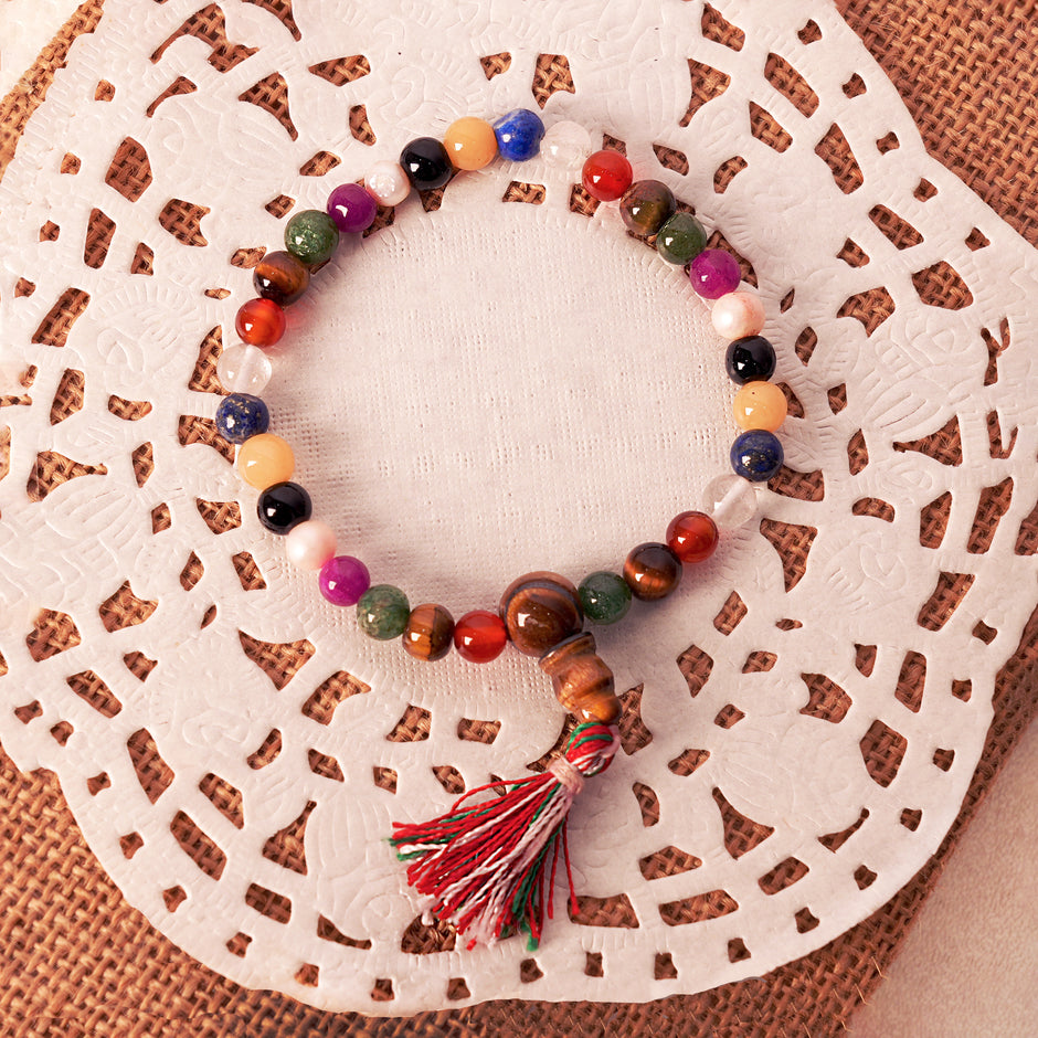 Colorful Multi-Gem Beaded Bracelet with Tassel – Chakra & Energy Healing Jewelry for Men & Women