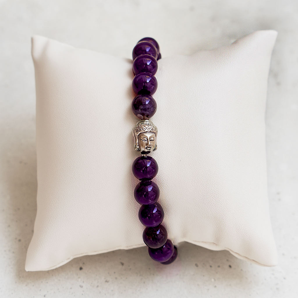 Amethyst Beaded Bracelet with Buddha Charm – Spiritual Healing & Meditation Jewelry
