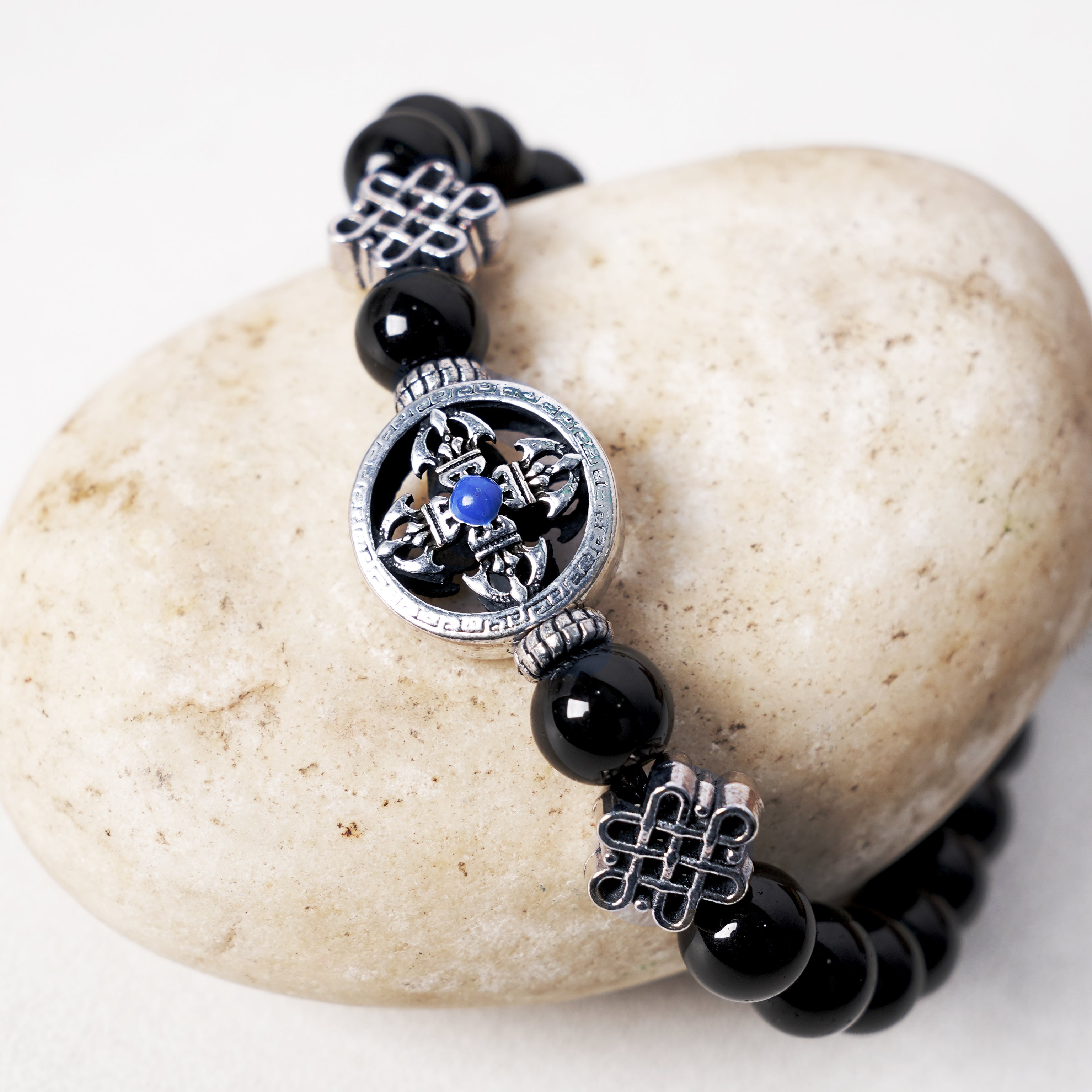 Black Onyx Beaded Bracelet with Celtic Knot Silver Charm – Protection & Energy Jewelry for Men & Women