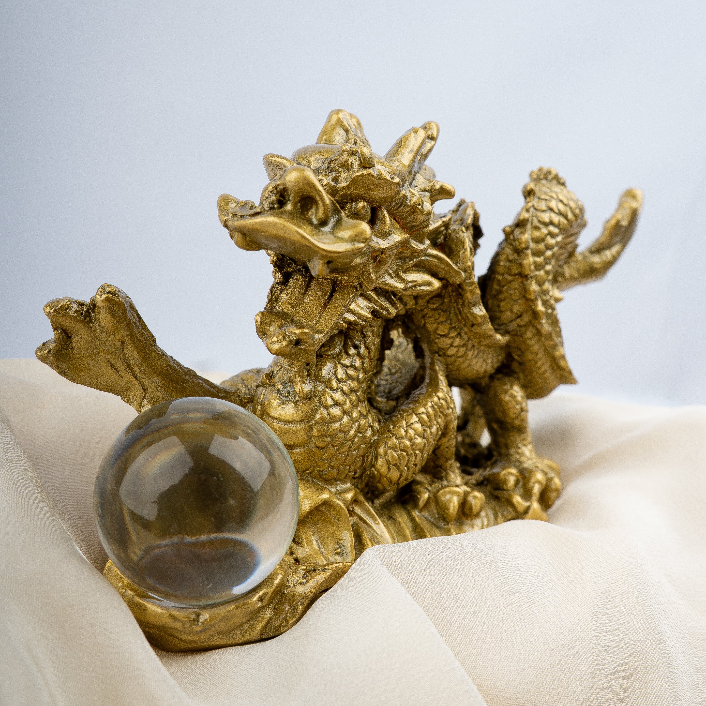 Golden Dragon with Crystal Ball Idol | Feng Shui Wealth & Protection Statue | Lucky Home & Office Decor