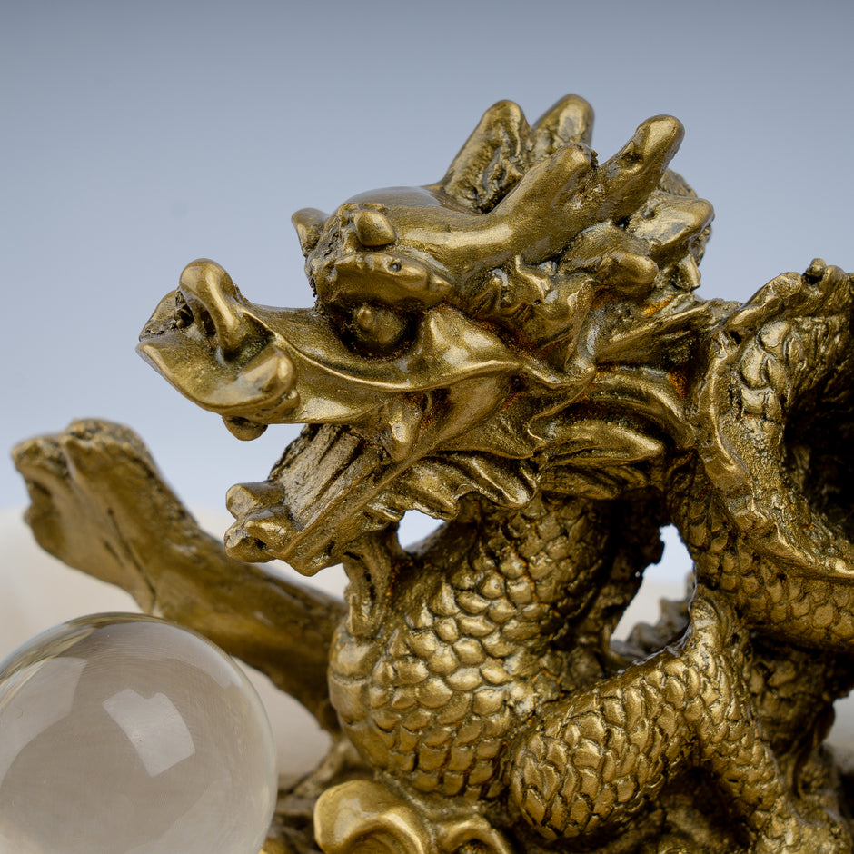 Golden Dragon with Crystal Ball Idol | Feng Shui Wealth & Protection Statue | Lucky Home & Office Decor