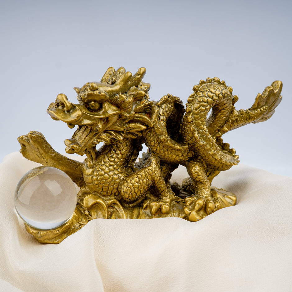 Golden Dragon with Crystal Ball Idol | Feng Shui Wealth & Protection Statue | Lucky Home & Office Decor