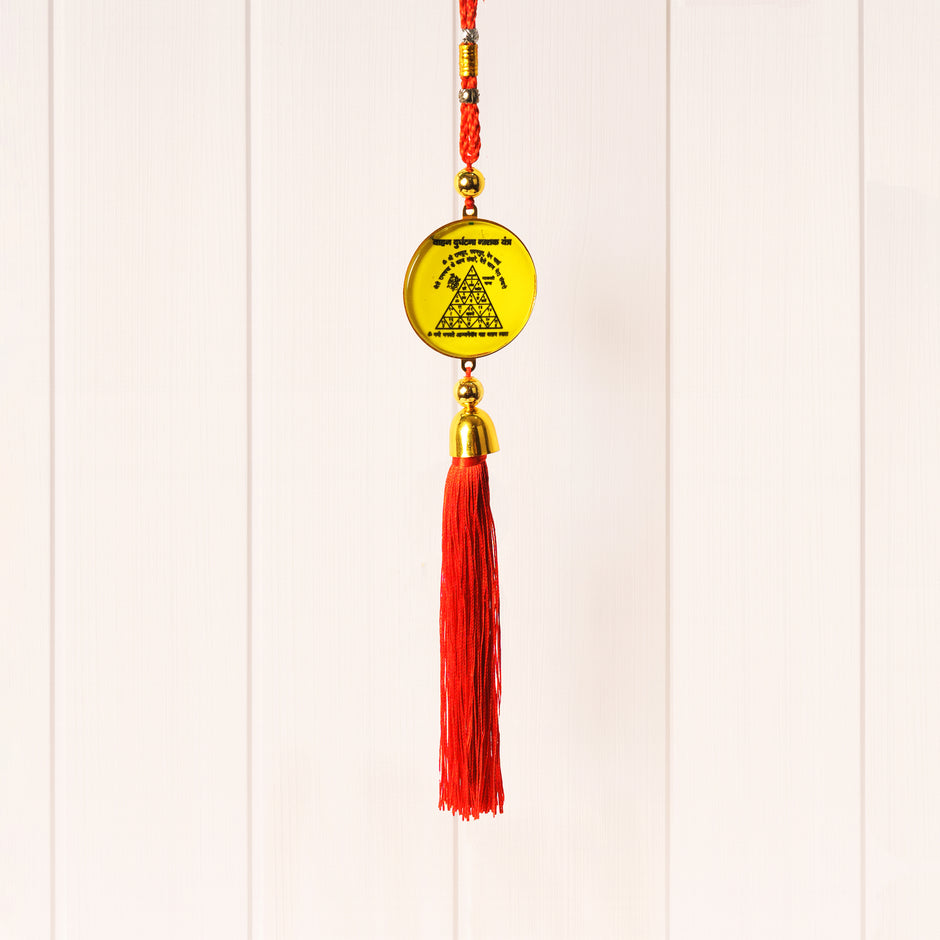 Auspicious Vastu Yantra Hanging with Red Tassel | Golden Spiritual Wall & Door Decor | Positive Energy Home Decor