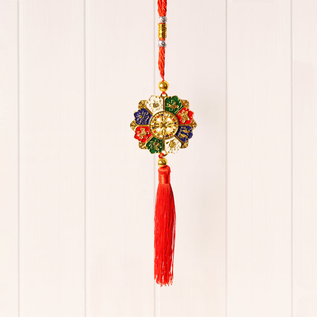 Multicolor Crystal Floral Wall Hanging with Red Tassel – Lucky Home Décor for Entrance, Festive & Vastu Decoration