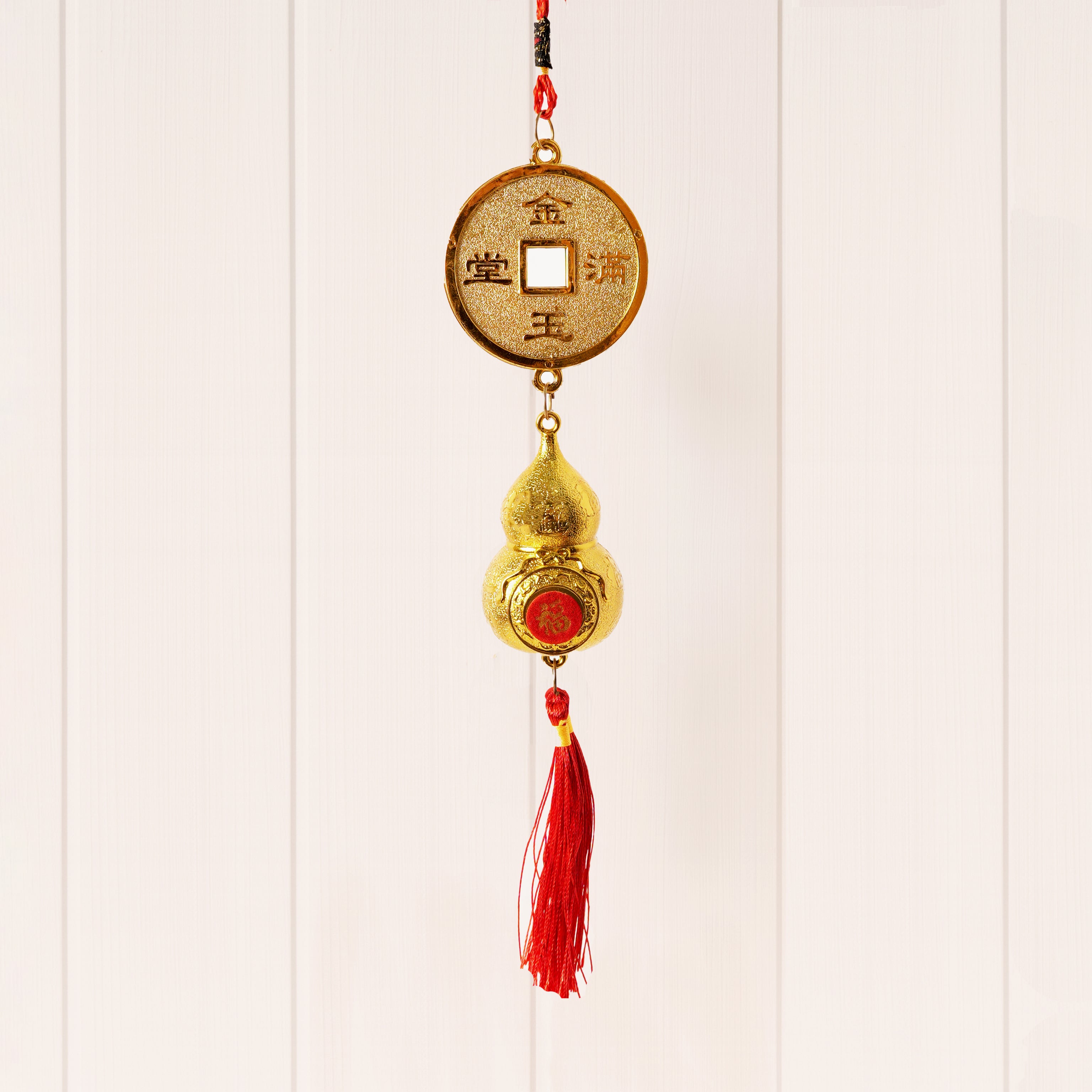 Golden Feng Shui Coin Wall Hanging with Red Tassel – Lucky Wealth & Prosperity Hanging Decor for Home & Office Entrance