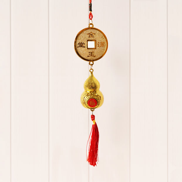 Golden Feng Shui Coin Wall Hanging with Red Tassel – Lucky Wealth & Prosperity Hanging Decor for Home & Office Entrance