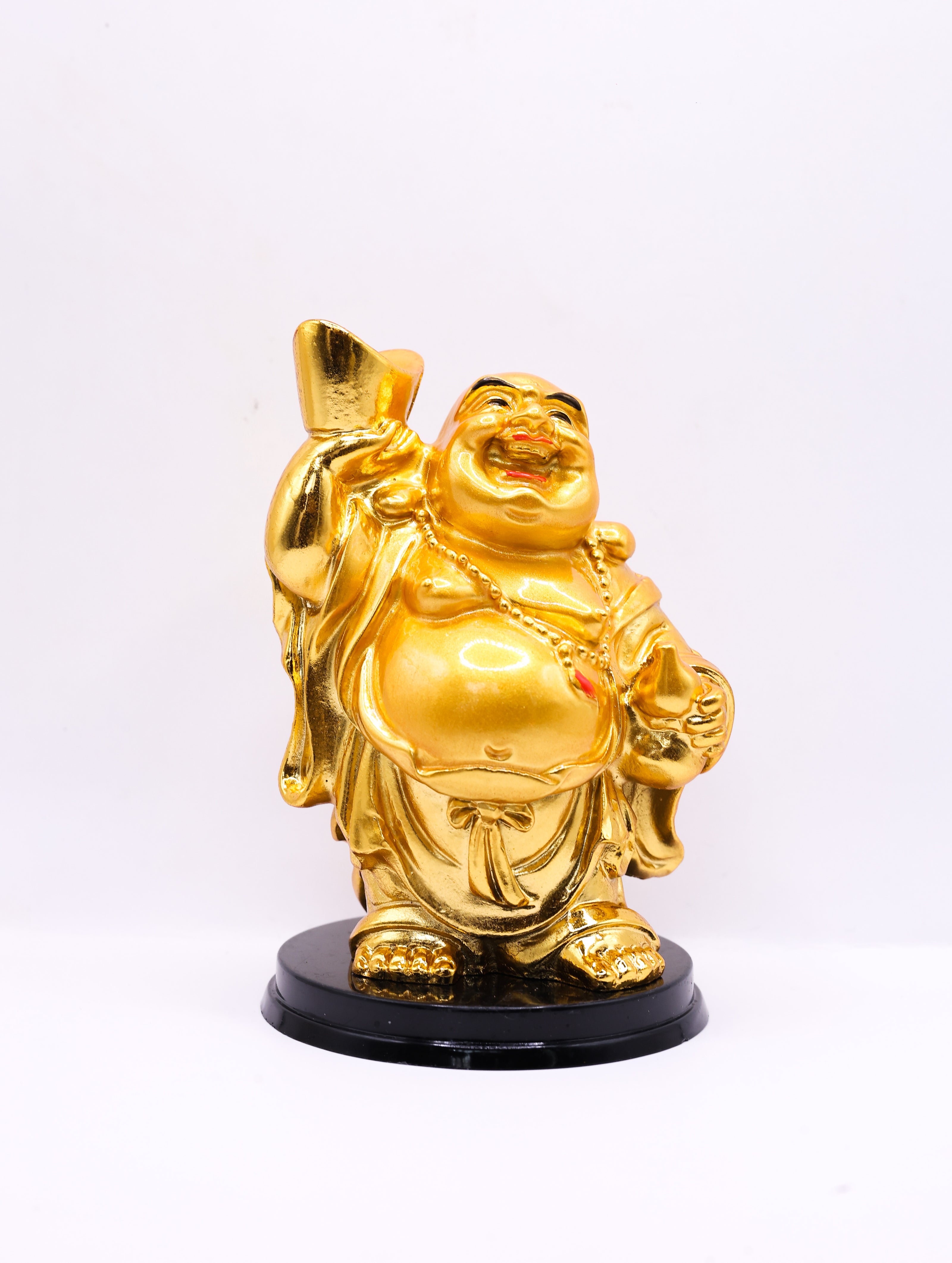 Golden Laughing Buddha Statue with Wealth Bag | Feng Shui Prosperity Idol for Home & Office Decor