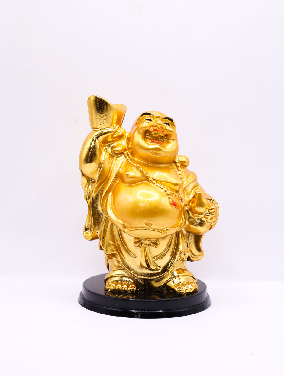 Golden Laughing Buddha Statue with Wealth Bag | Feng Shui Prosperity Idol for Home & Office Decor