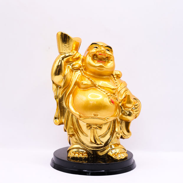 Golden Laughing Buddha Statue with Wealth Bag | Feng Shui Prosperity Idol for Home & Office Decor