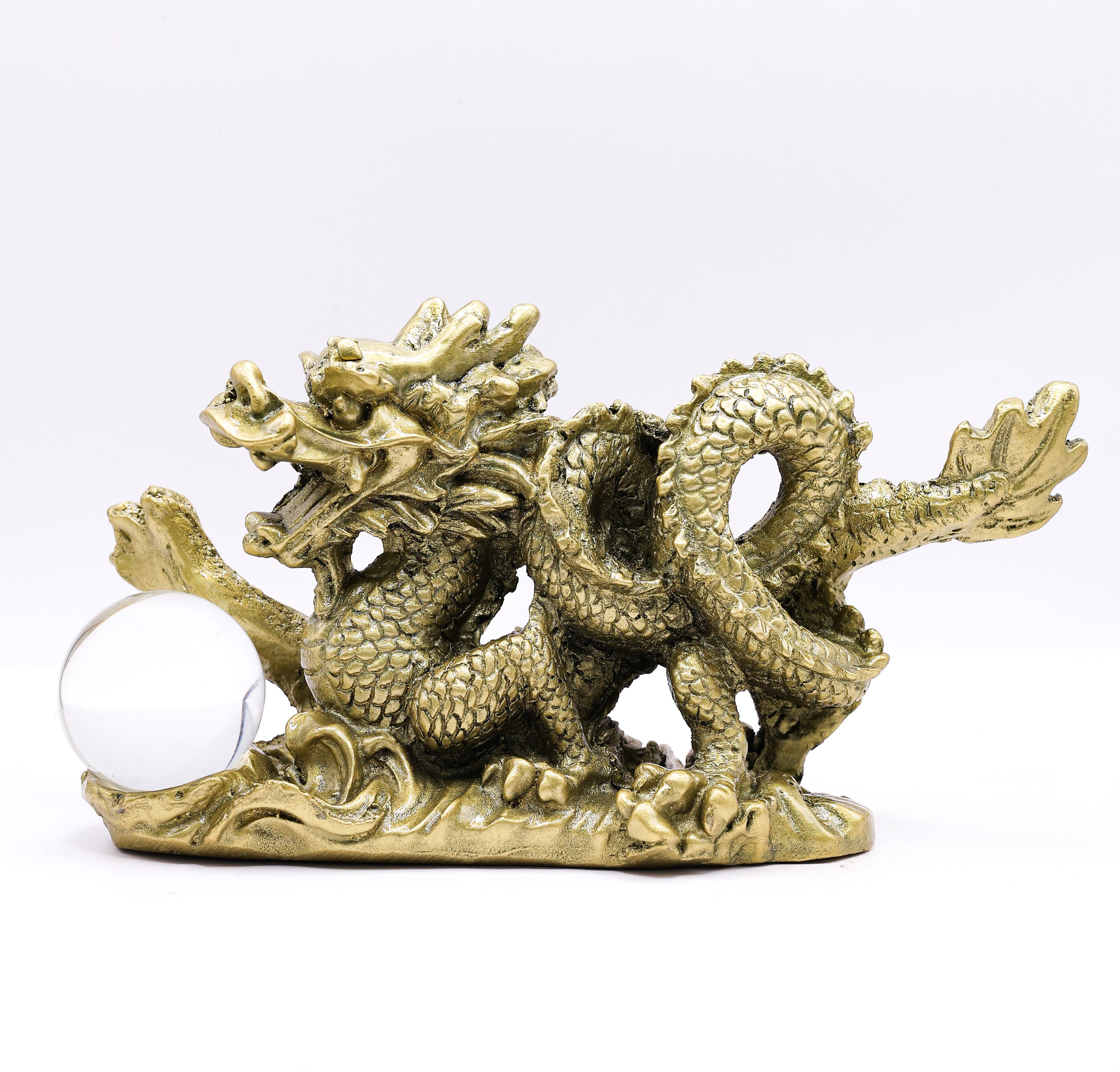 Golden Feng Shui Dragon Statue with Crystal Ball | Lucky Dragon Showpiece for Home & Office Decor