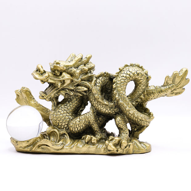 Golden Feng Shui Dragon Statue with Crystal Ball | Lucky Dragon Showpiece for Home & Office Decor