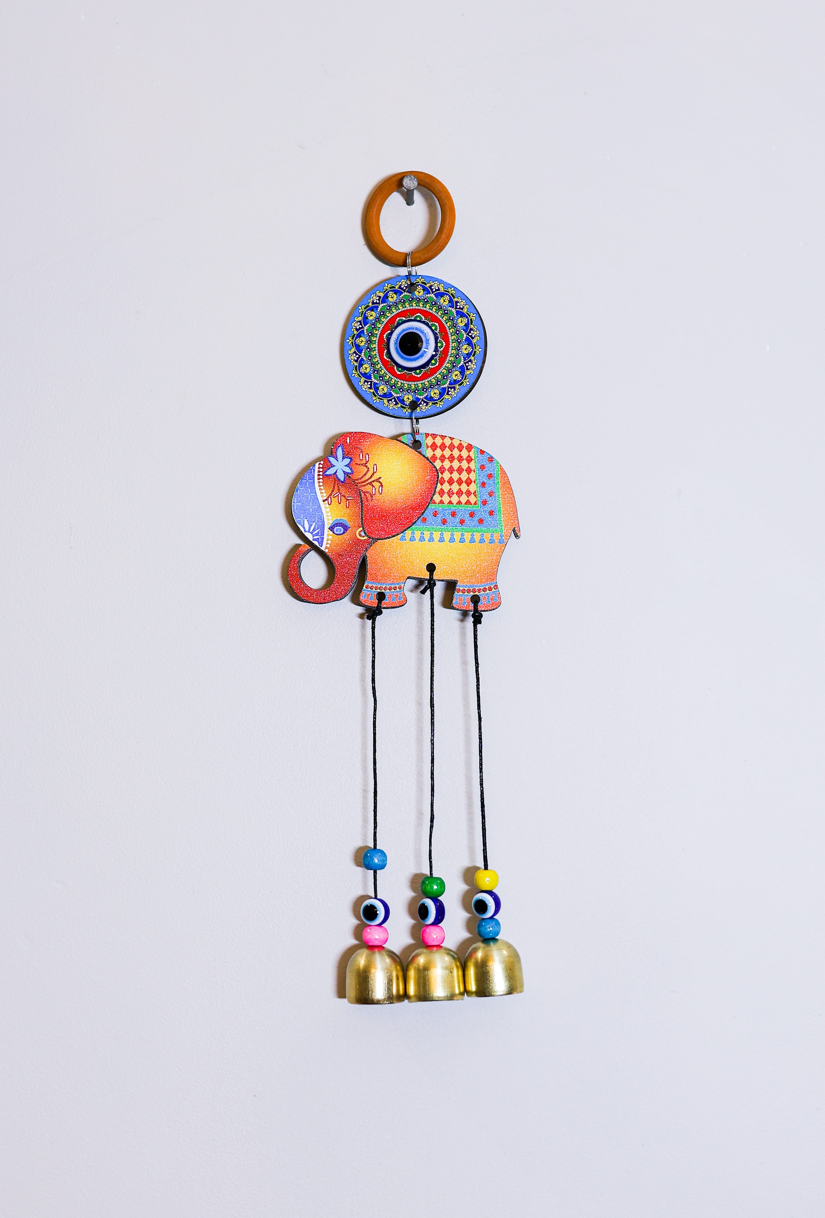 Colorful Elephant Evil Eye Hanging with Bells | Handmade Nazar Protection Decor | Lucky Feng Shui Wall Hanging