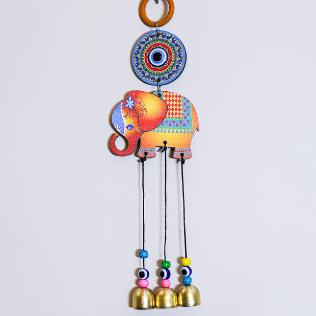 Colorful Elephant Evil Eye Hanging with Bells | Handmade Nazar Protection Decor | Lucky Feng Shui Wall Hanging