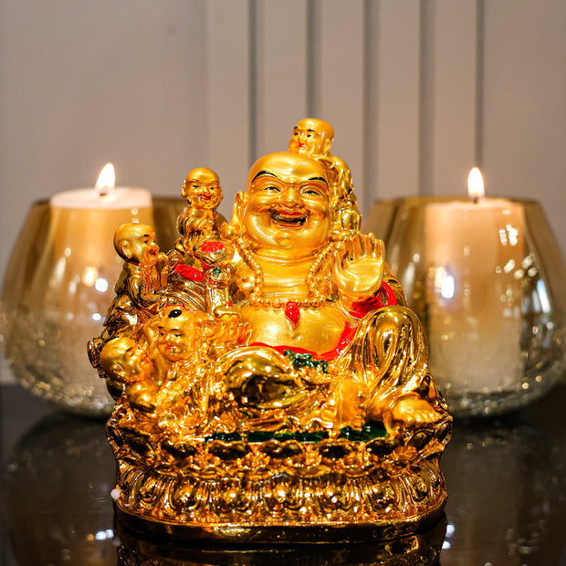 Golden Laughing Buddha Idol for Wealth & Prosperity | Feng Shui Buddha Showpiece for Home & Office Décor | Luxury Decorative Gift Item
