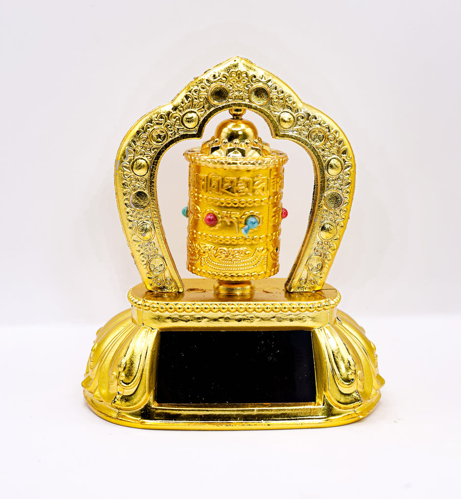Golden Tibetan Prayer Wheel Showpiece – Rotating Mantra Wheel Idol | Spiritual Home Decor & Gift