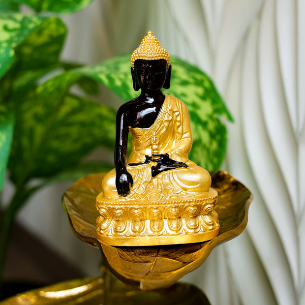 Golden Black Buddha Idol with Fountain Base – Resin Meditation Statue | Home Decor & Spiritual Gift