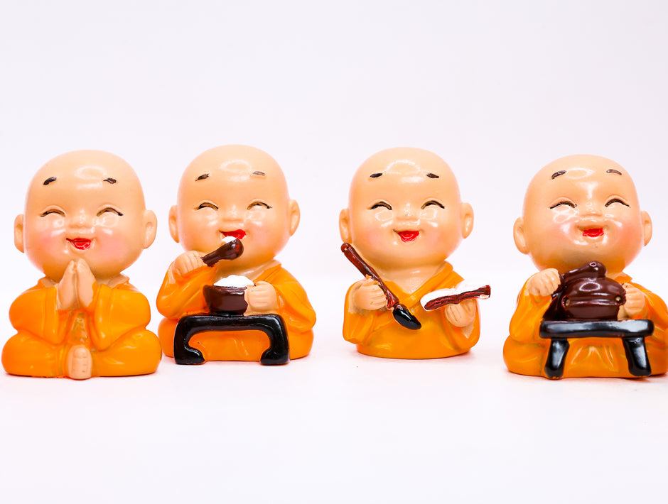 Set of 4 Cute Monk Buddha Figurines | See No Evil Hear No Evil Speak No Evil Decorative Showpieces for Home & Office