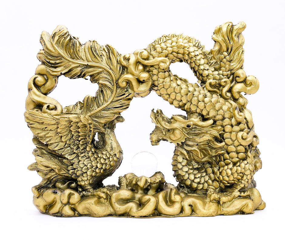 Golden Feng Shui Dragon & Phoenix Statue | Symbol of Harmony, Success & Prosperity for Home Decor