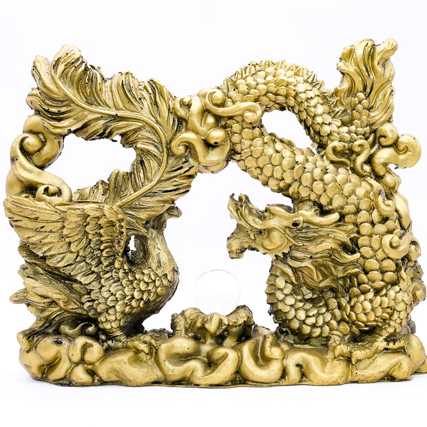 Golden Feng Shui Dragon & Phoenix Statue | Symbol of Harmony, Success & Prosperity for Home Decor