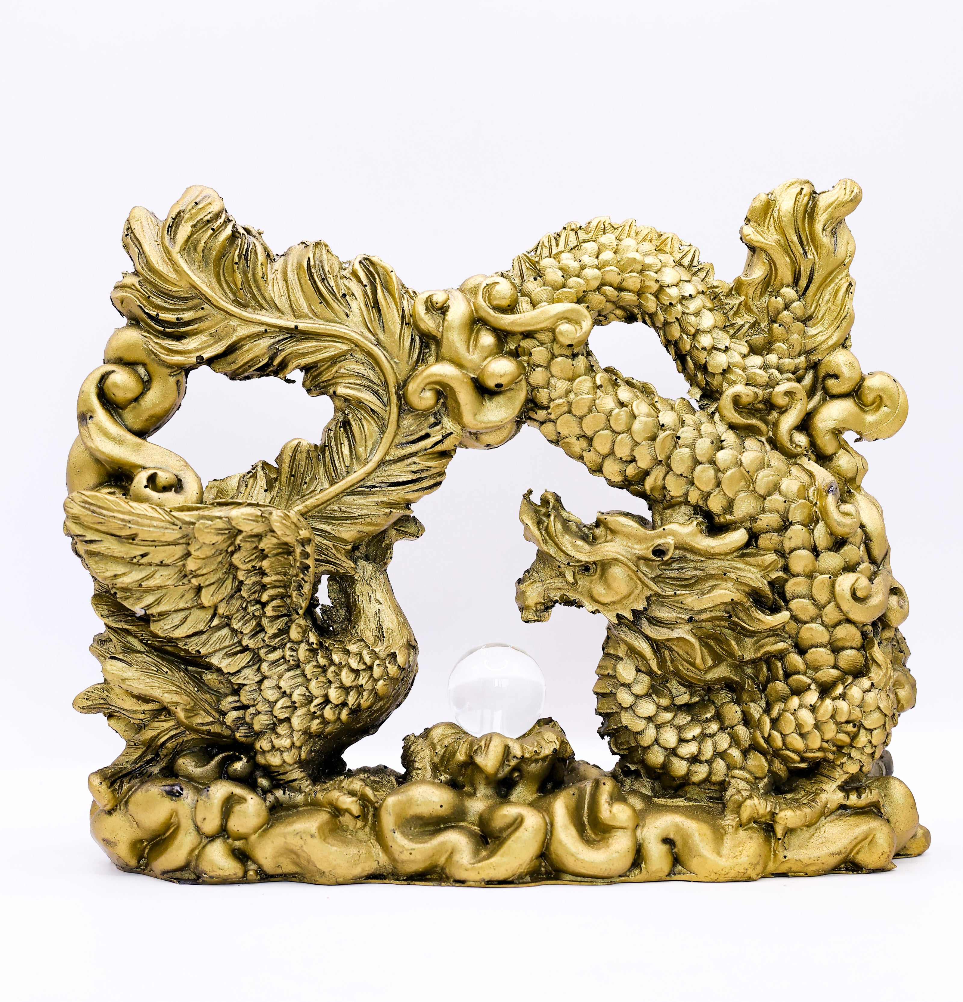 Golden Feng Shui Dragon & Phoenix Statue | Symbol of Harmony, Success & Prosperity for Home Decor