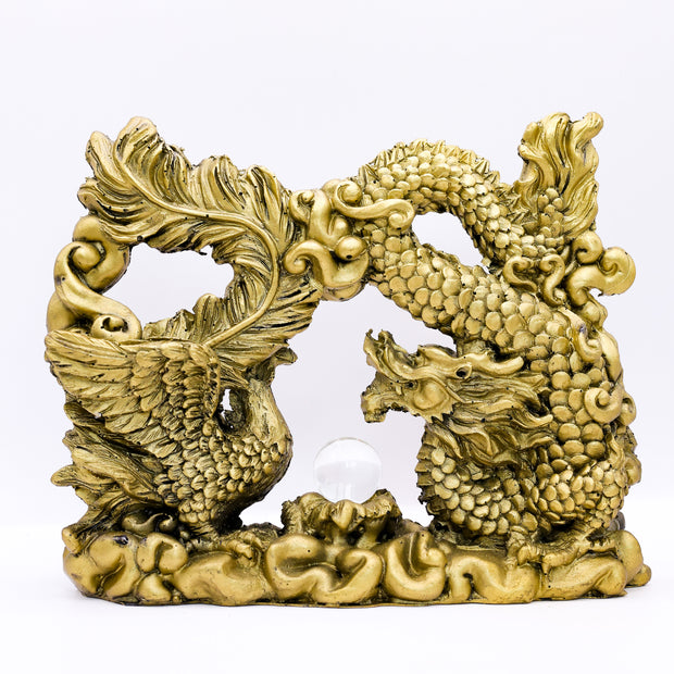 Golden Feng Shui Dragon & Phoenix Statue | Symbol of Harmony, Success & Prosperity for Home Decor