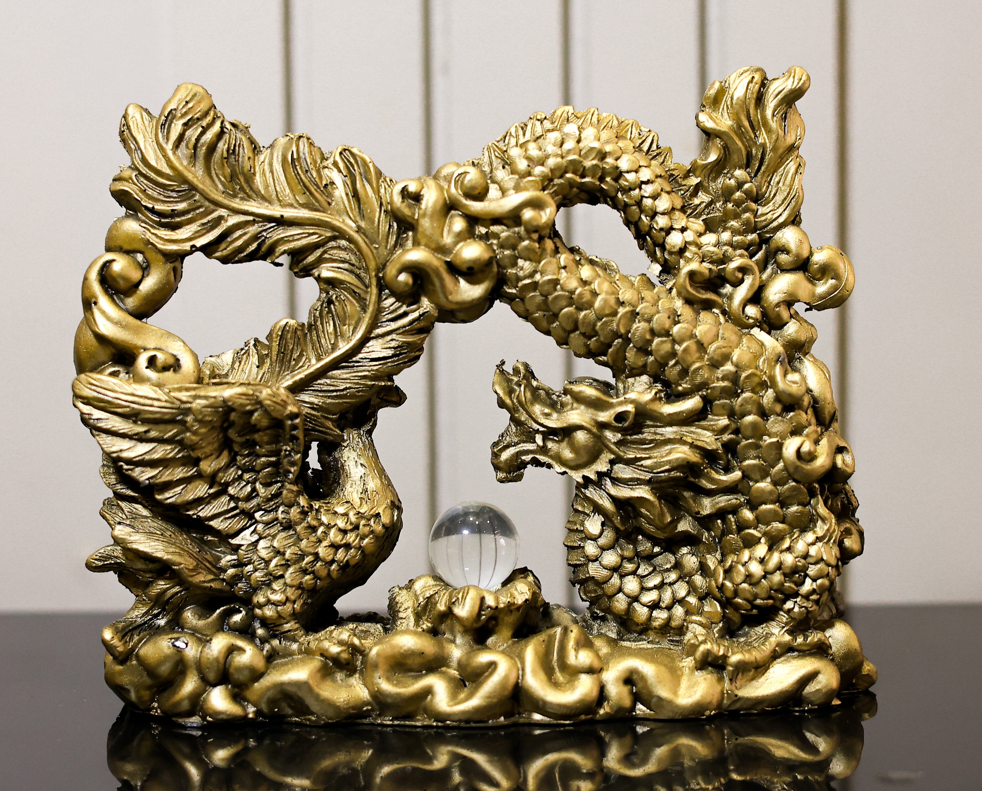 Golden Feng Shui Dragon & Phoenix Statue | Symbol of Harmony, Success & Prosperity for Home Decor