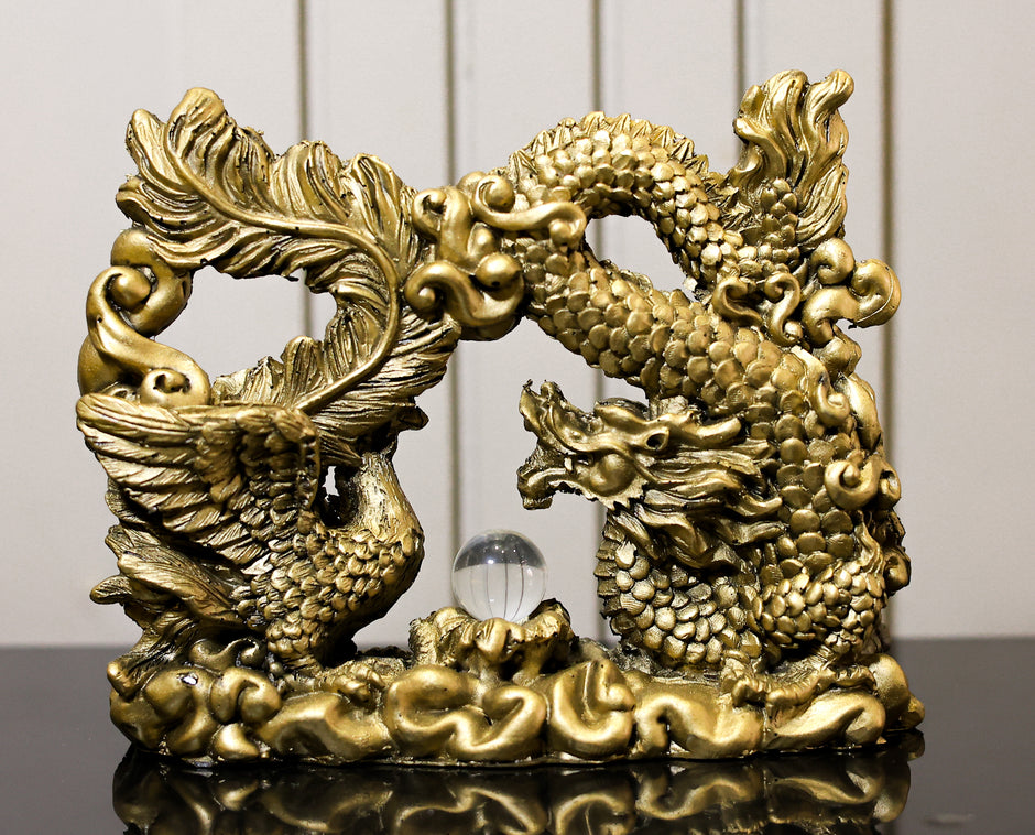 Golden Feng Shui Dragon & Phoenix Statue | Symbol of Harmony, Success & Prosperity for Home Decor