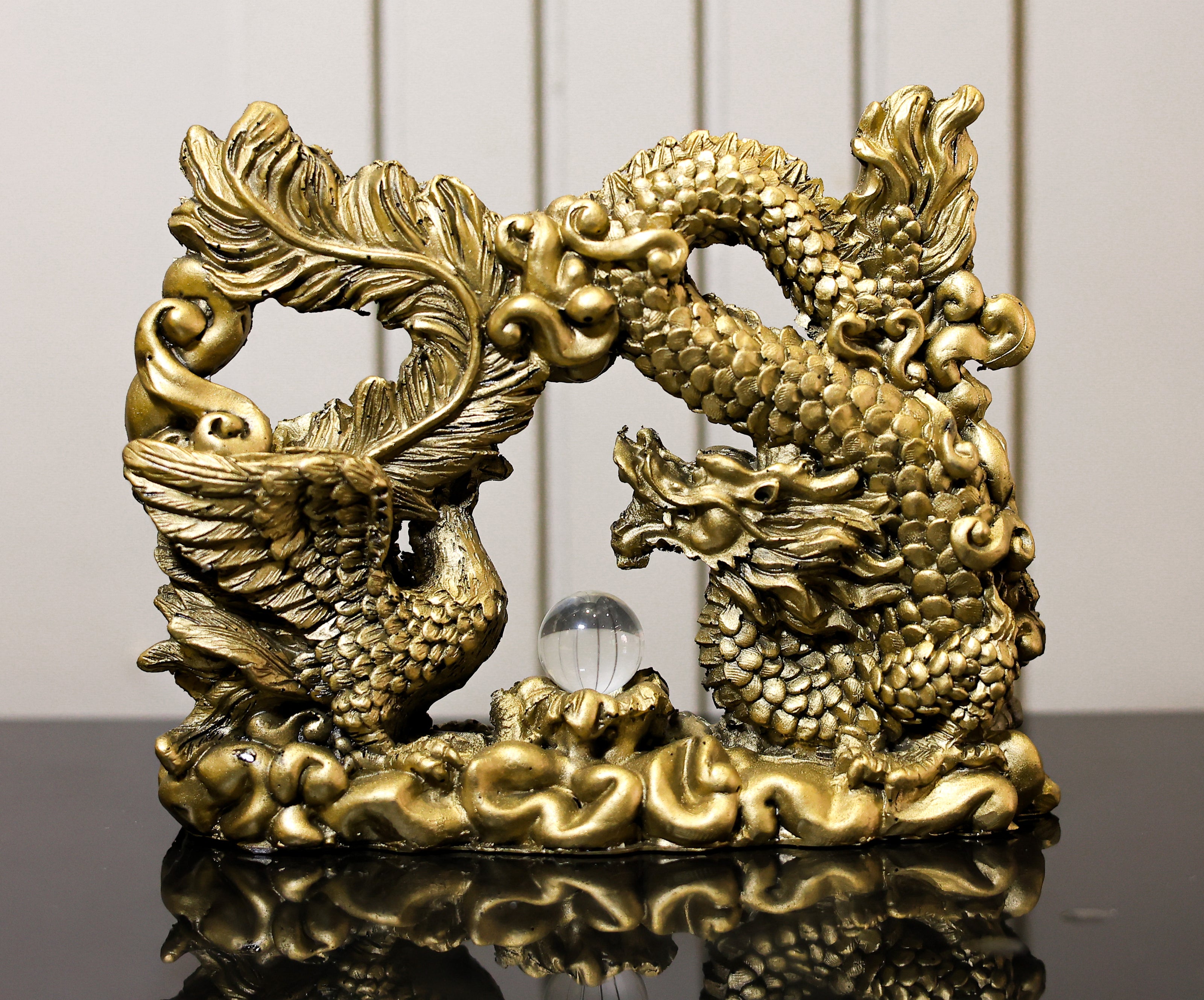 Golden Feng Shui Dragon & Phoenix Statue | Symbol of Harmony, Success & Prosperity for Home Decor