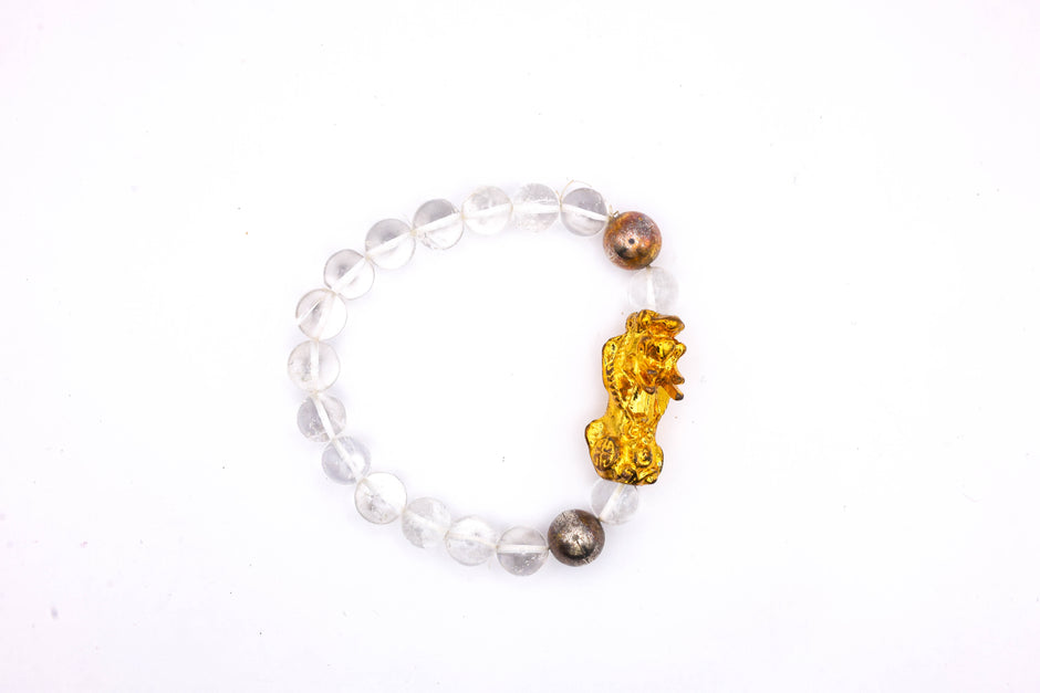 Natural Clear Quartz Crystal Bracelet with Pixiu Charm | Feng Shui Wealth, Protection & Healing Bracelet