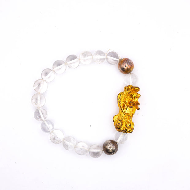 Natural Clear Quartz Crystal Bracelet with Pixiu Charm | Feng Shui Wealth, Protection & Healing Bracelet