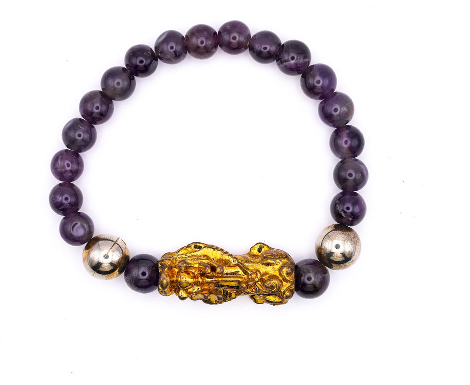 Natural Amethyst Crystal Bracelet with Pixiu Charm | Feng Shui Wealth & Protection Bracelet for Men & Women