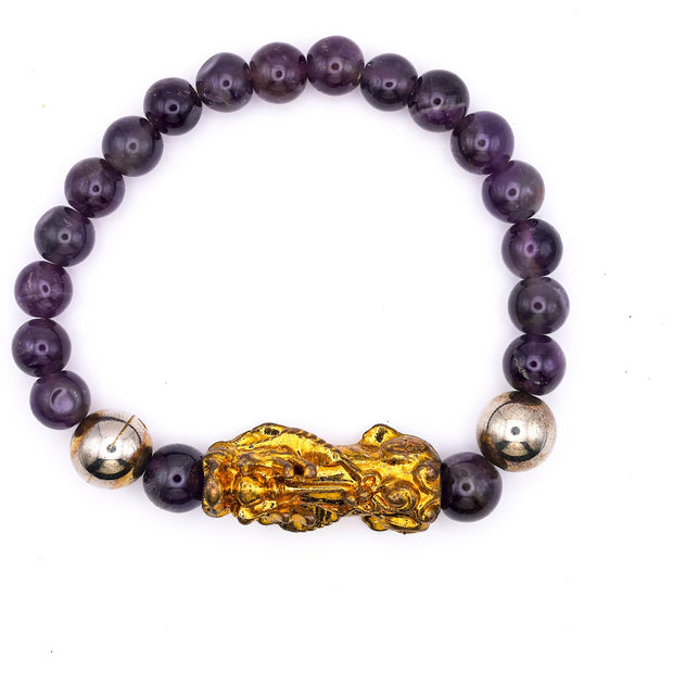 Natural Amethyst Crystal Bracelet with Pixiu Charm | Feng Shui Wealth & Protection Bracelet for Men & Women
