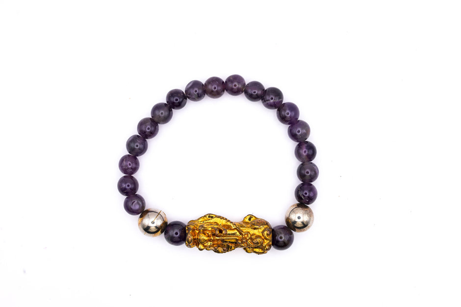 Natural Amethyst Crystal Bracelet with Pixiu Charm | Feng Shui Wealth & Protection Bracelet for Men & Women