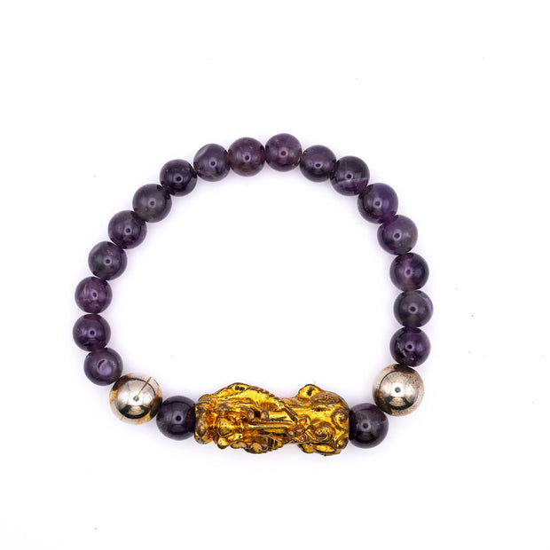 Natural Amethyst Crystal Bracelet with Pixiu Charm | Feng Shui Wealth & Protection Bracelet for Men & Women