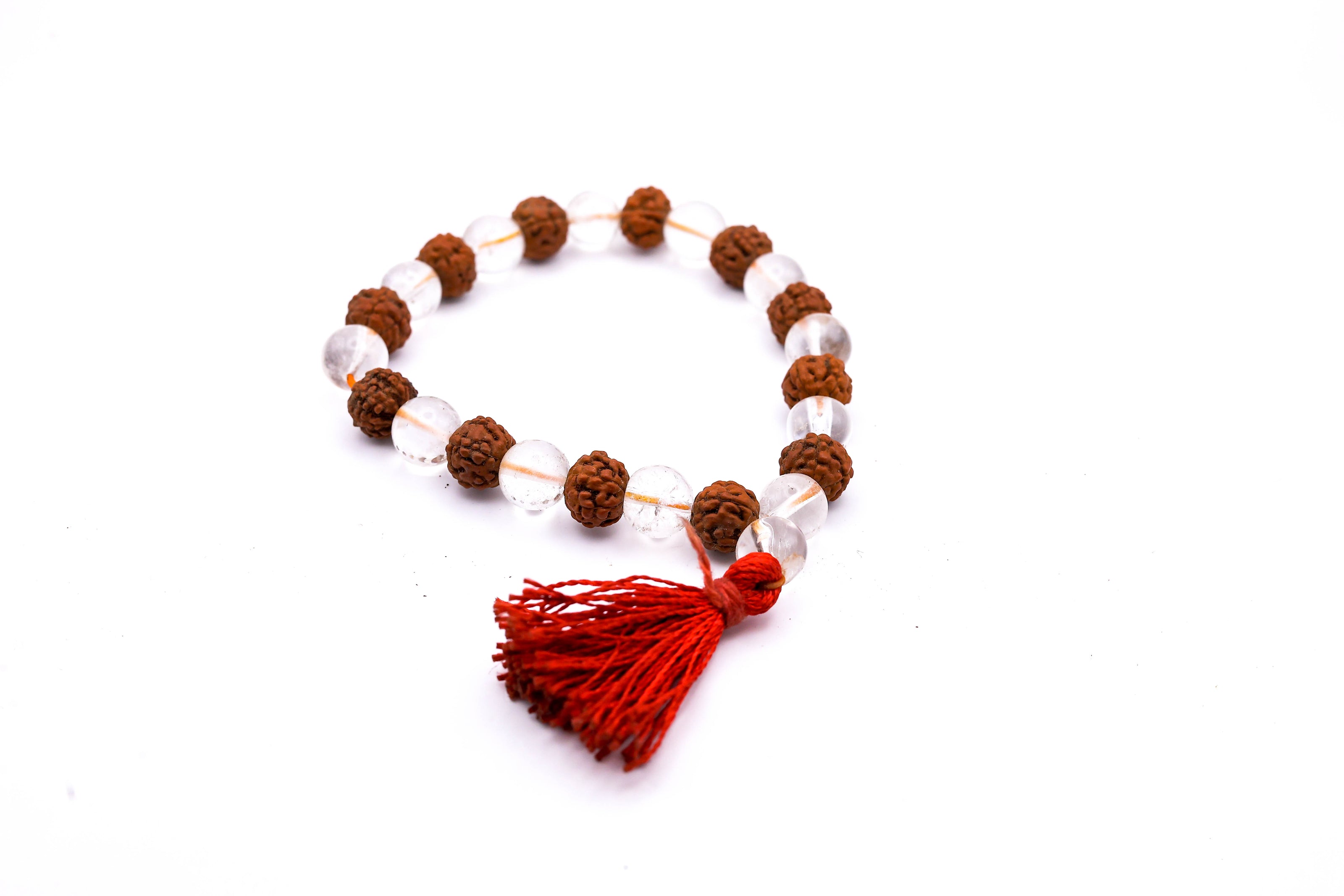 Rudraksha Clear Quartz Bracelet with Red Tassel – Spiritual Beaded Bracelet for Peace, Positivity & Protection