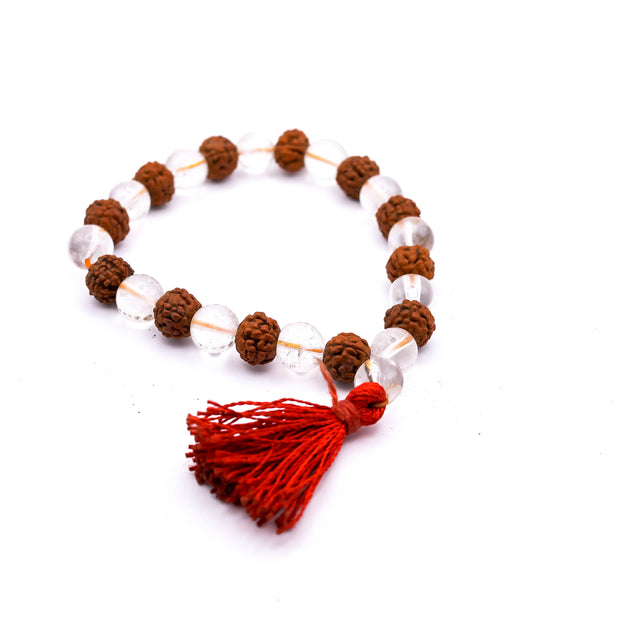 Rudraksha Clear Quartz Bracelet with Red Tassel – Spiritual Beaded Bracelet for Peace, Positivity & Protection