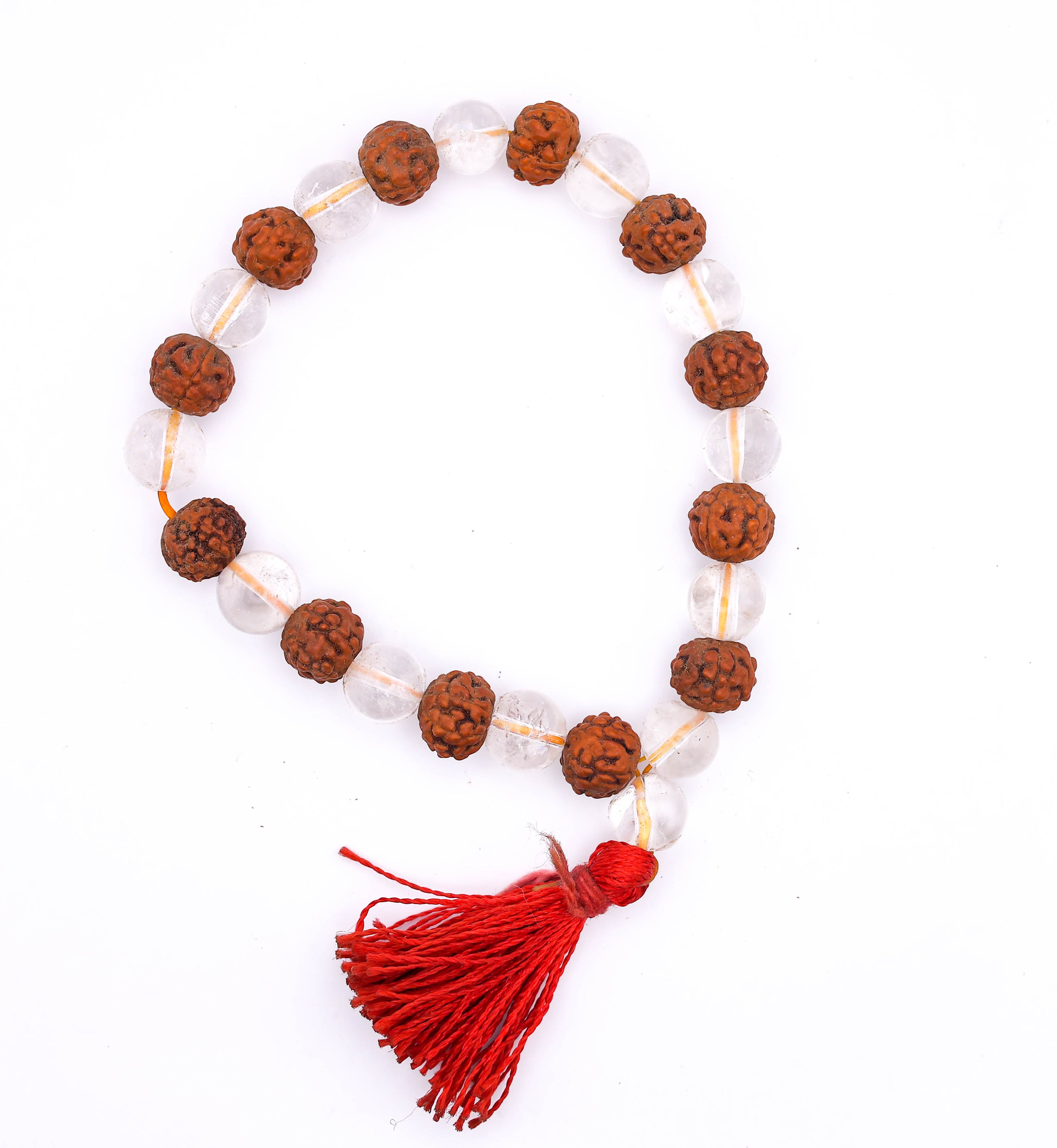 Rudraksha Clear Quartz Bracelet with Red Tassel – Spiritual Beaded Bracelet for Peace, Positivity & Protection