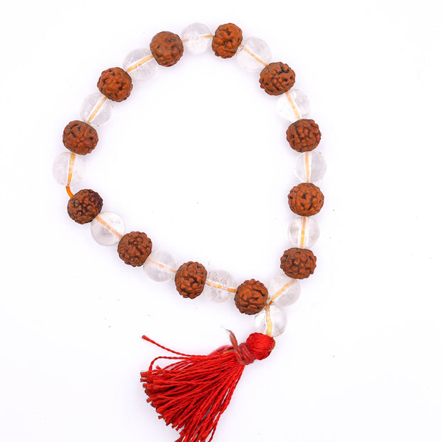 Rudraksha Clear Quartz Bracelet with Red Tassel – Spiritual Beaded Bracelet for Peace, Positivity & Protection