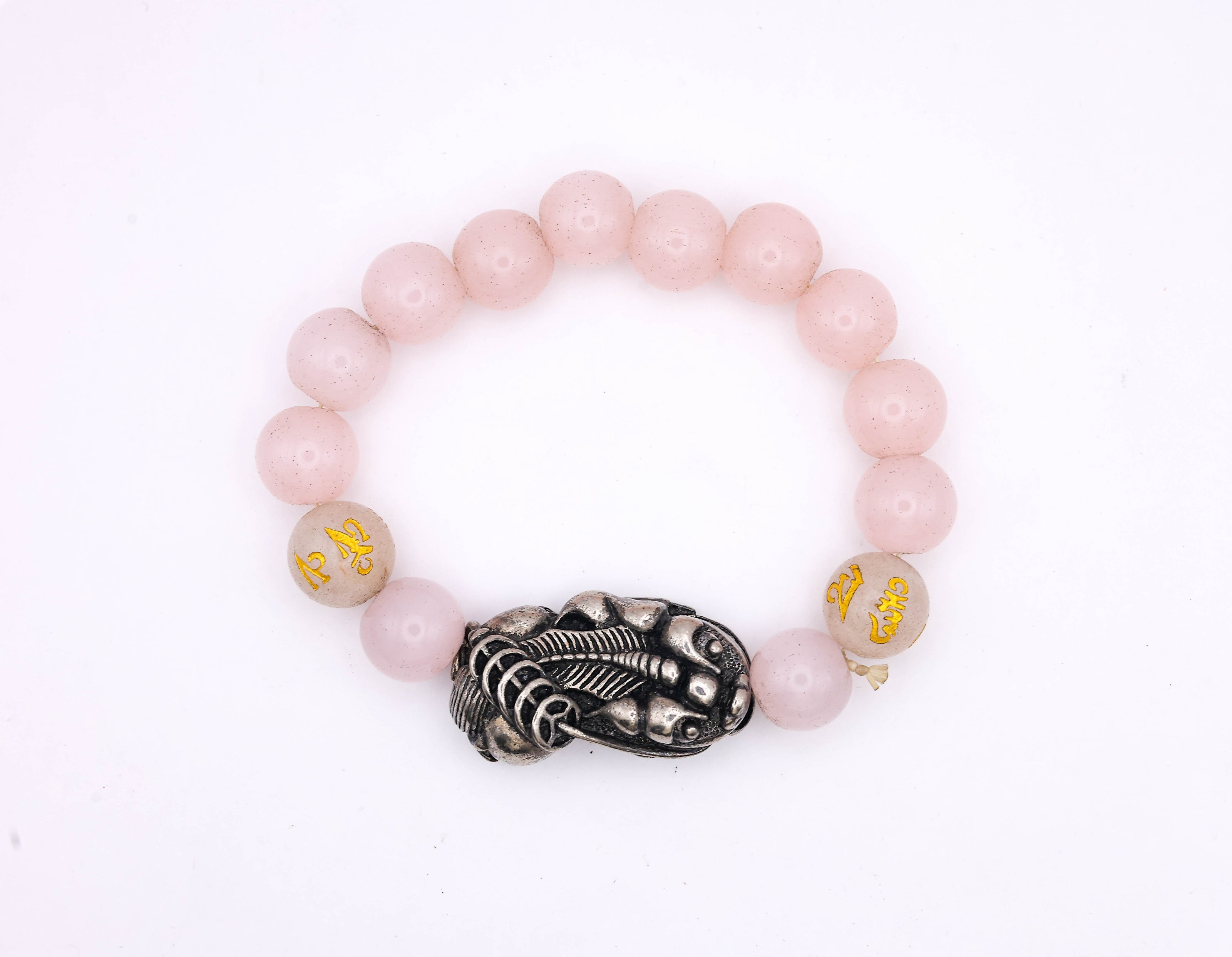 Rose Quartz Beaded Bracelet with Lord Ganesha Charm – Pink Crystal Bracelet for Love, Positivity & Protection