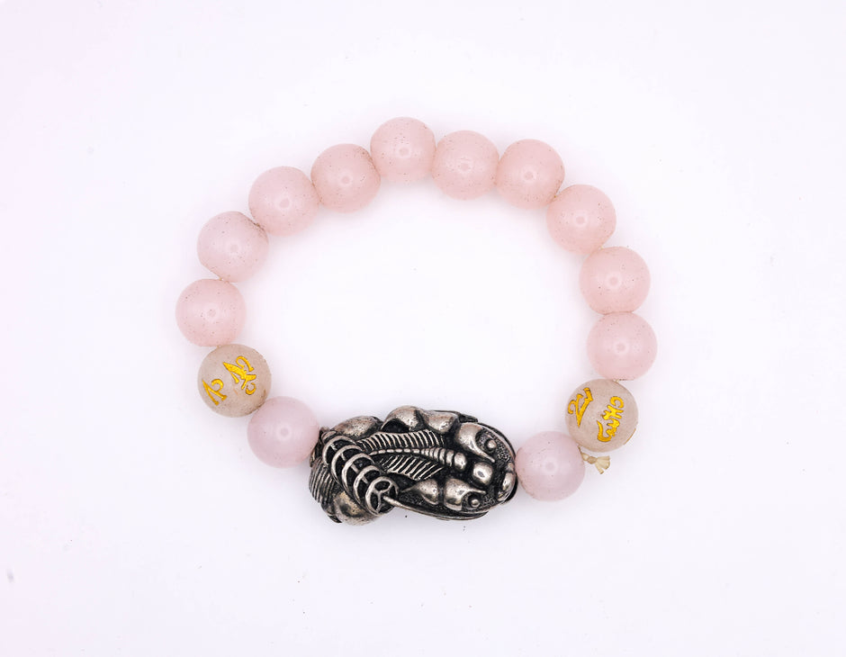 Rose Quartz Beaded Bracelet with Lord Ganesha Charm – Pink Crystal Bracelet for Love, Positivity & Protection